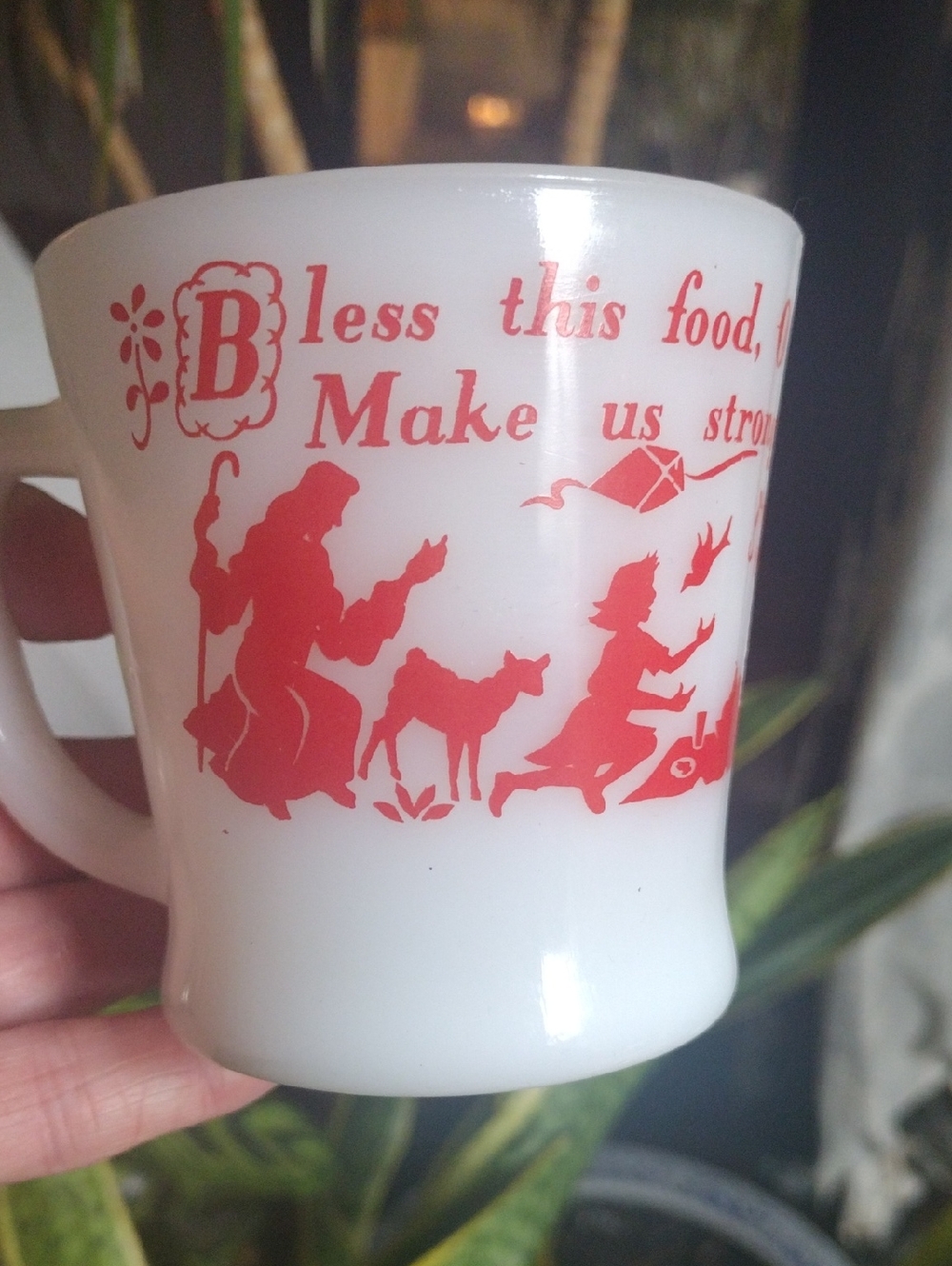 VTG Fire King Anchor Hocking Milk Glass Mug "Bless This Food" Red White